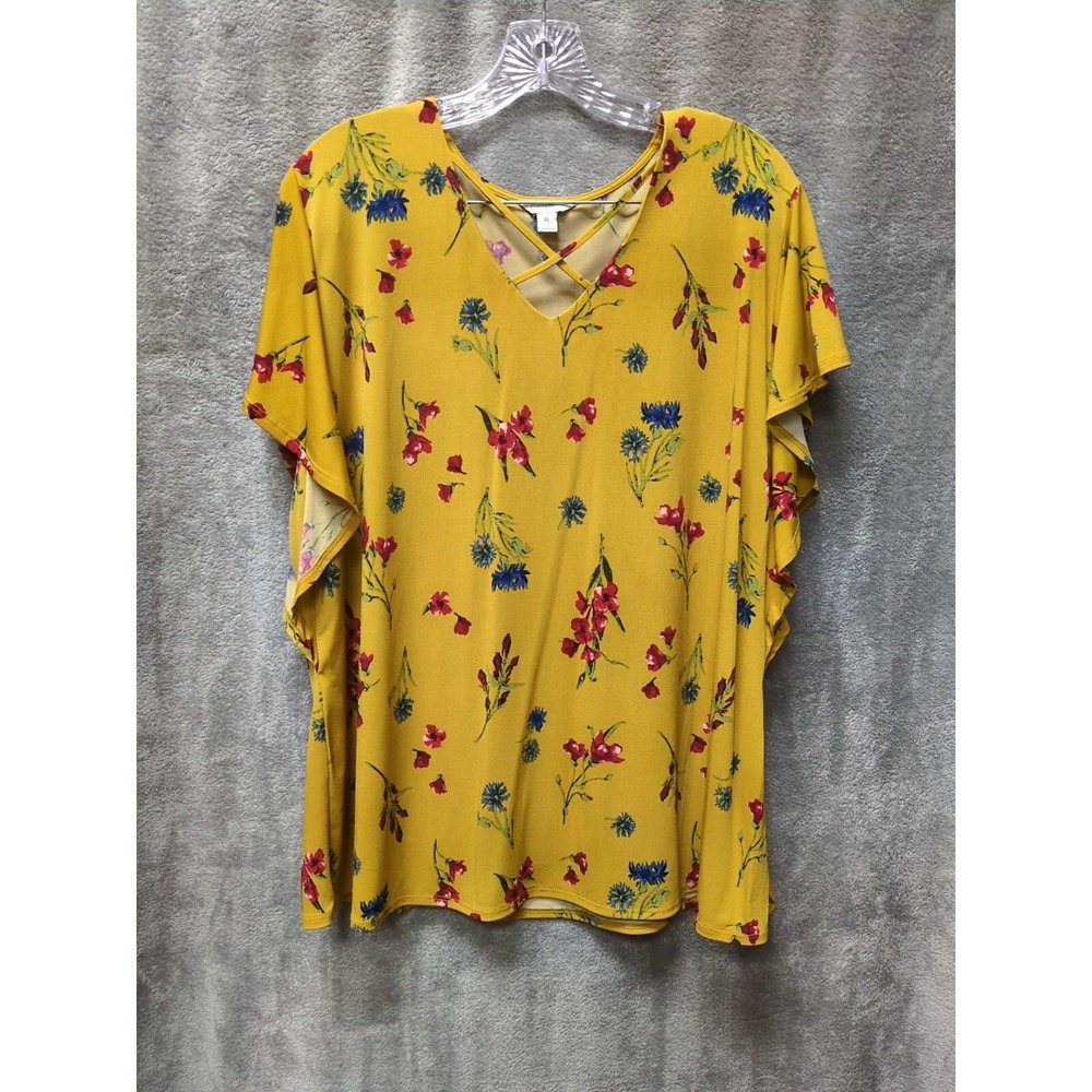 Bohemian Floral Blouse Womens XL Flutter Sleeve Strappy‎ V-Neck Gold